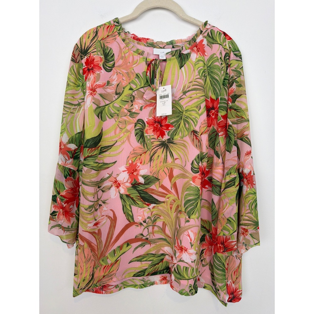 NWT J. Jill Tropical Floral Pleated Blouse L Petite Pink Bell Sleeve Coastal